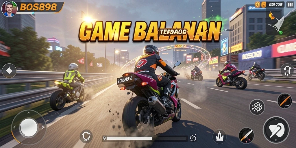 Tampilan mendebarkan dari gameplay balapan motor yang intens.