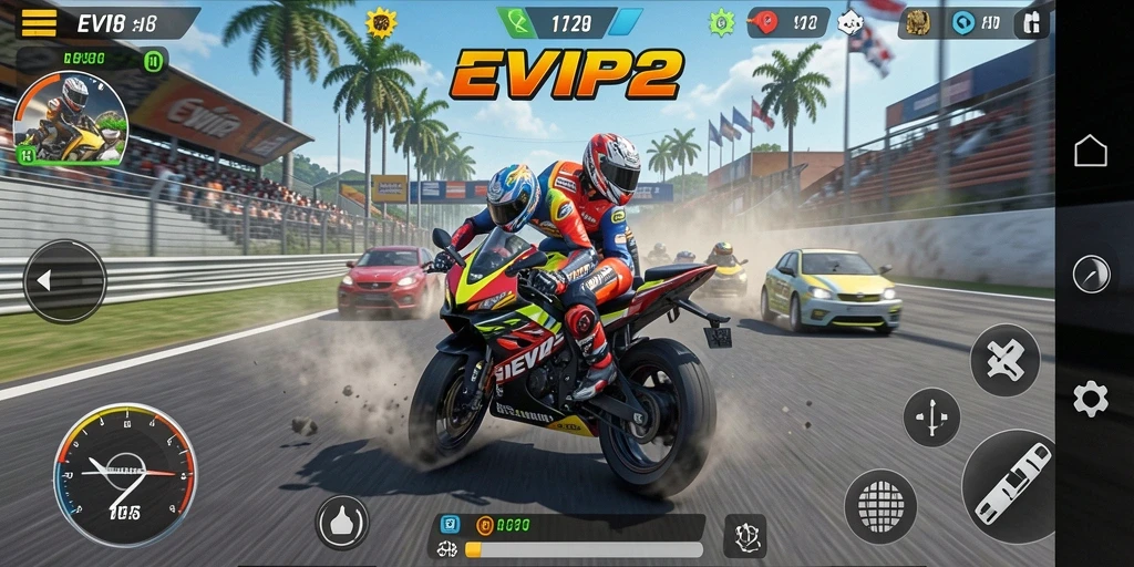 Screenshot EVIP2 menampilkan motor balap melaju cepat di trek yang menantang.