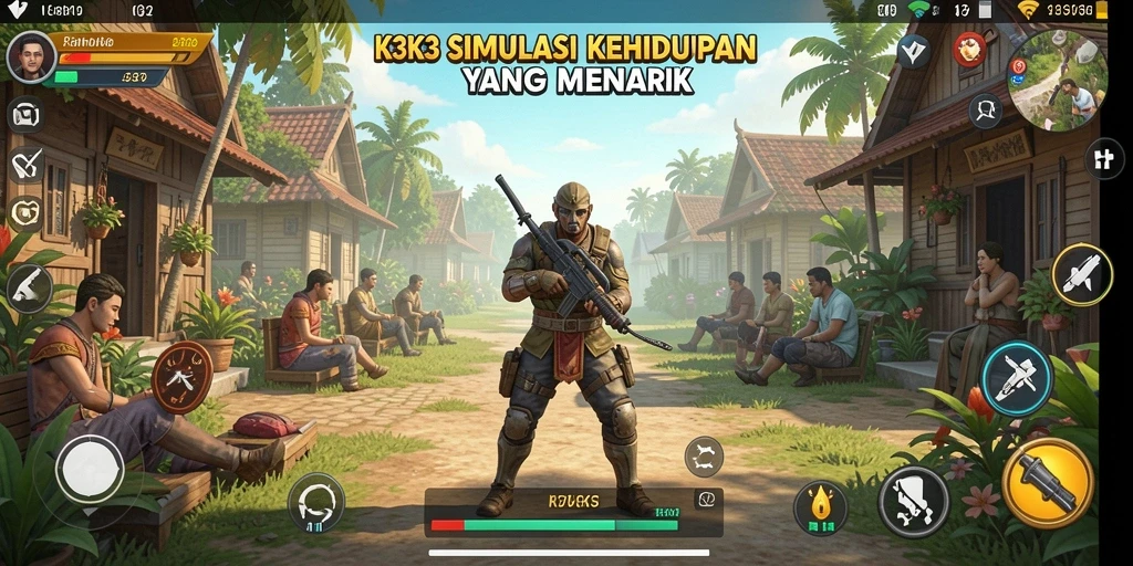 Tampilan utama gameplay K3K3 yang menunjukkan kehidupan virtual.