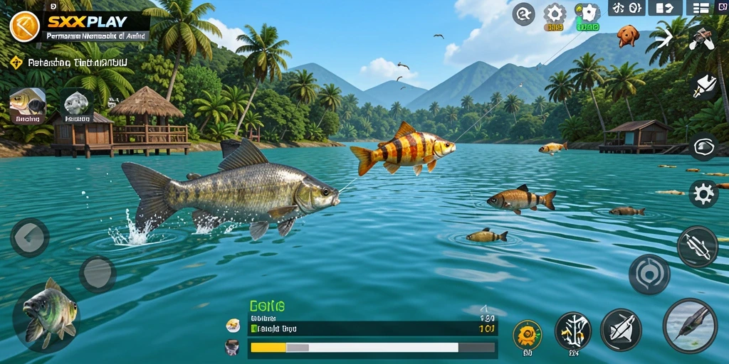 Screenshot gameplay SXXPLAY yang menunjukkan aksi memancing seru.